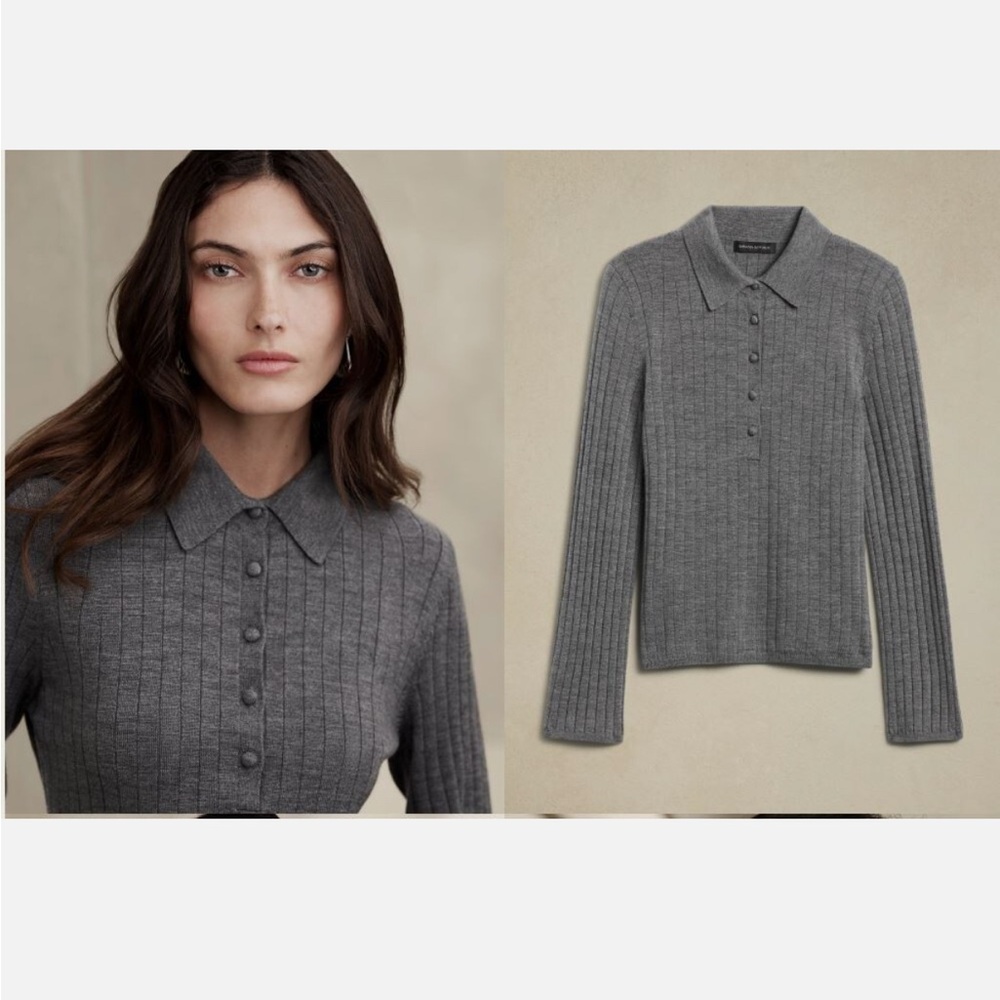 LAST CALL Banana Republic Gray Ribbed Merino Wool Polo Button Sweater